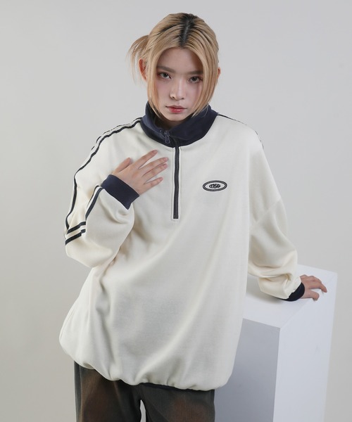 MSG（エムエスジー）の「オーバーサイズハーフジップ フリース／スウェット プルオーバー 配色 ブランドロゴ ワンポイント刺繍　パイピング　テック　サイドライン トラックジャケット（スウェット・メンズ・ブラック系/オレンジ/ブラック系1/ベージュ系/オレンジ系/アイボリー/ホワイト系/グレー系/ネイビー系・L/M/XL/S）」の20枚目の写真