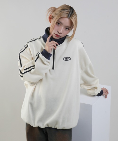 MSG（エムエスジー）の「オーバーサイズハーフジップ フリース／スウェット プルオーバー 配色 ブランドロゴ ワンポイント刺繍　パイピング　テック　サイドライン トラックジャケット（スウェット・メンズ・ブラック系/オレンジ/ブラック系1/ベージュ系/オレンジ系/アイボリー/ホワイト系/グレー系/ネイビー系・L/M/XL/S）」の21枚目の写真