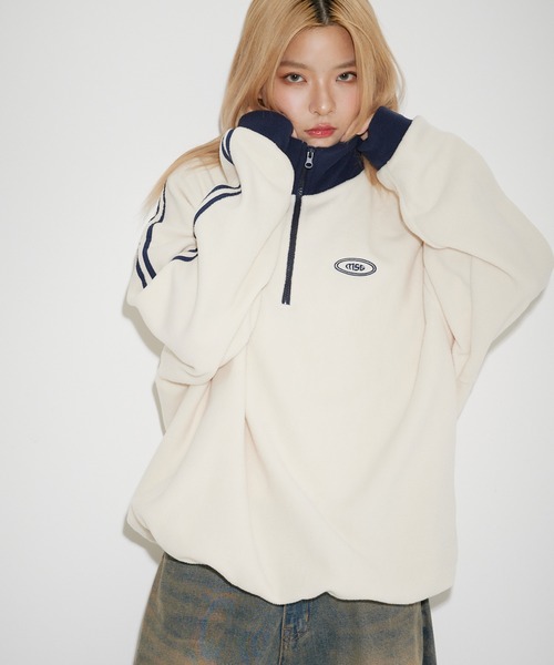 MSG（エムエスジー）の「オーバーサイズハーフジップ フリース／スウェット プルオーバー 配色 ブランドロゴ ワンポイント刺繍　パイピング　テック　サイドライン トラックジャケット（スウェット・メンズ・ブラック系/オレンジ/ブラック系1/ベージュ系/オレンジ系/アイボリー/ホワイト系/グレー系/ネイビー系・L/M/XL/S）」の10枚目の写真