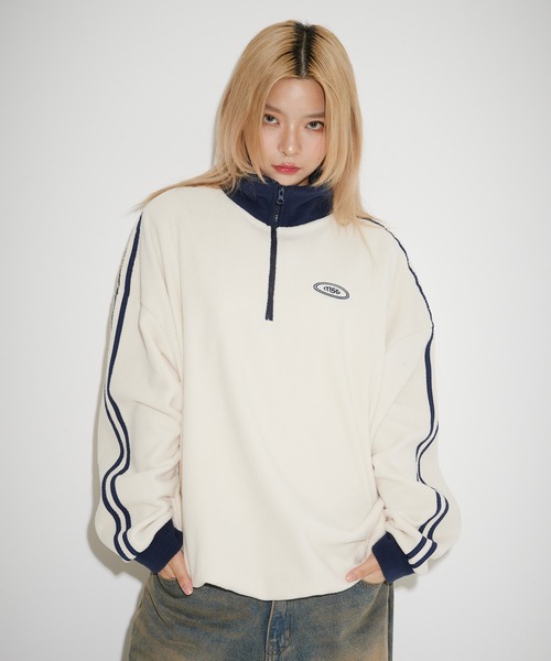 MSG（エムエスジー）の「オーバーサイズハーフジップ フリース／スウェット プルオーバー 配色 ブランドロゴ ワンポイント刺繍　パイピング　テック　サイドライン トラックジャケット（スウェット・メンズ・ブラック系/オレンジ/ブラック系1/ベージュ系/オレンジ系/アイボリー/ホワイト系/グレー系/ネイビー系・L/M/XL/S）」の11枚目の写真