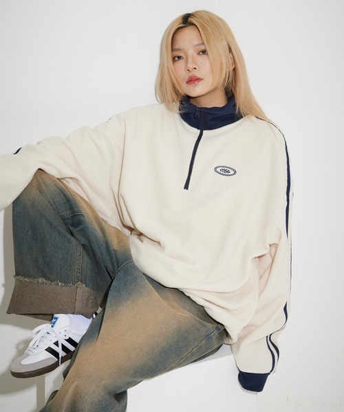 MSG（エムエスジー）の「オーバーサイズハーフジップ フリース／スウェット プルオーバー 配色 ブランドロゴ ワンポイント刺繍　パイピング　テック　サイドライン トラックジャケット（スウェット・メンズ・ブラック系/オレンジ/ブラック系1/ベージュ系/オレンジ系/アイボリー/ホワイト系/グレー系/ネイビー系・L/M/XL/S）」の12枚目の写真