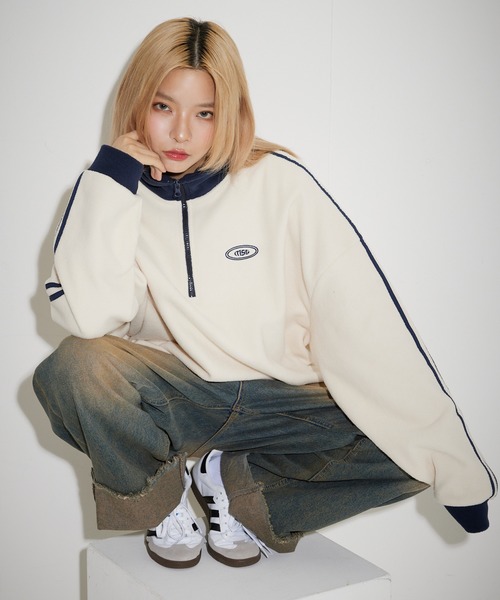 MSG（エムエスジー）の「オーバーサイズハーフジップ フリース／スウェット プルオーバー 配色 ブランドロゴ ワンポイント刺繍　パイピング　テック　サイドライン トラックジャケット（スウェット・メンズ・ブラック系/オレンジ/ブラック系1/ベージュ系/オレンジ系/アイボリー/ホワイト系/グレー系/ネイビー系・L/M/XL/S）」の13枚目の写真