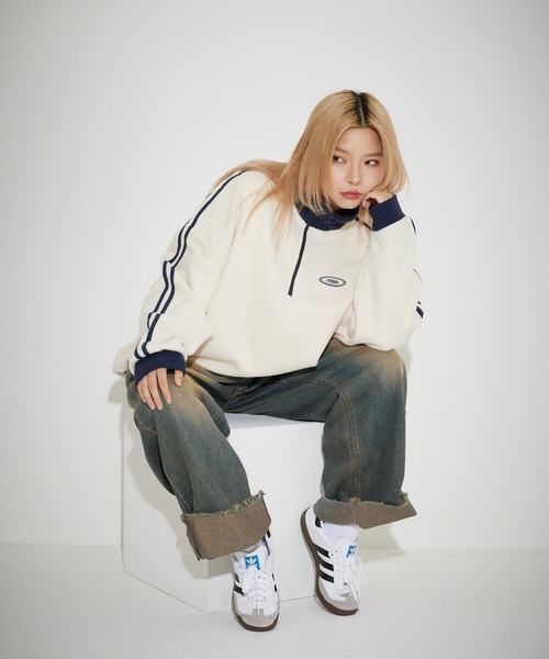 MSG（エムエスジー）の「オーバーサイズハーフジップ フリース／スウェット プルオーバー 配色 ブランドロゴ ワンポイント刺繍　パイピング　テック　サイドライン トラックジャケット（スウェット・メンズ・ブラック系/オレンジ/ブラック系1/ベージュ系/オレンジ系/アイボリー/ホワイト系/グレー系/ネイビー系・L/M/XL/S）」の16枚目の写真