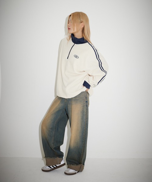 MSG（エムエスジー）の「オーバーサイズハーフジップ フリース／スウェット プルオーバー 配色 ブランドロゴ ワンポイント刺繍　パイピング　テック　サイドライン トラックジャケット（スウェット・メンズ・ブラック系/オレンジ/ブラック系1/ベージュ系/オレンジ系/アイボリー/ホワイト系/グレー系/ネイビー系・L/M/XL/S）」の18枚目の写真