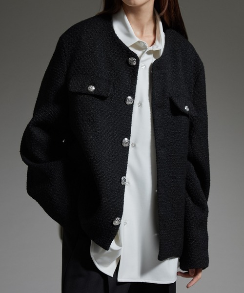 cussil/クシル】ノーカラーデザインショートツイードライクジャケット