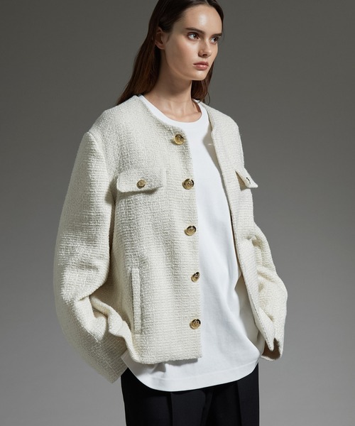 ame*極美品✨JUSGLITTY アイボリー ツイードノーカラー セール】【cussil/クシル】ノーカラーデザインショートツイードライク