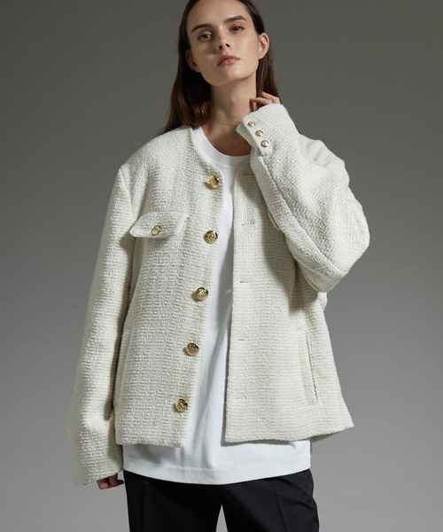 セール】【cussil/クシル】ノーカラーデザインショートツイードライク