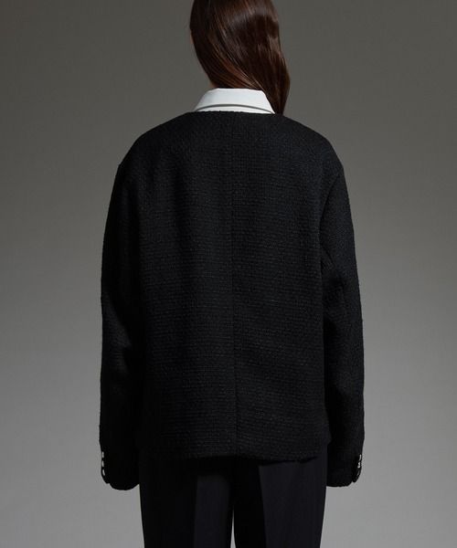 【極上品】メンズ ツイード ノーカラー ジャケット BLACK NEOS（KOKUYO） ジャケット ノーカラージャケット 「neos
