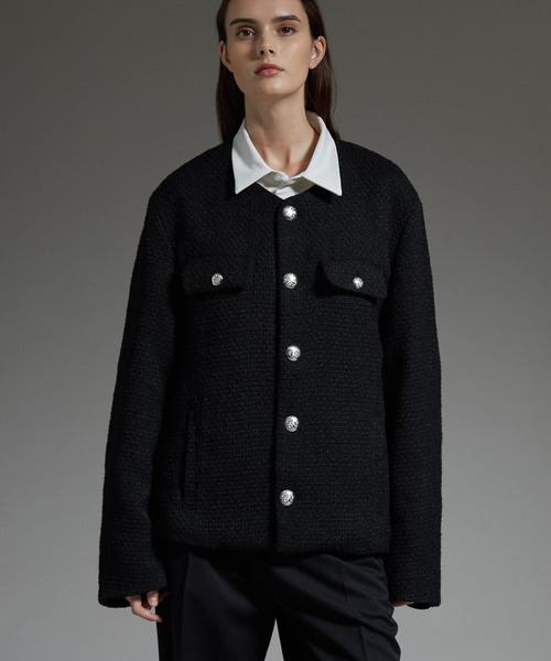 cussil/クシル】ノーカラーデザインショートツイードライクジャケット