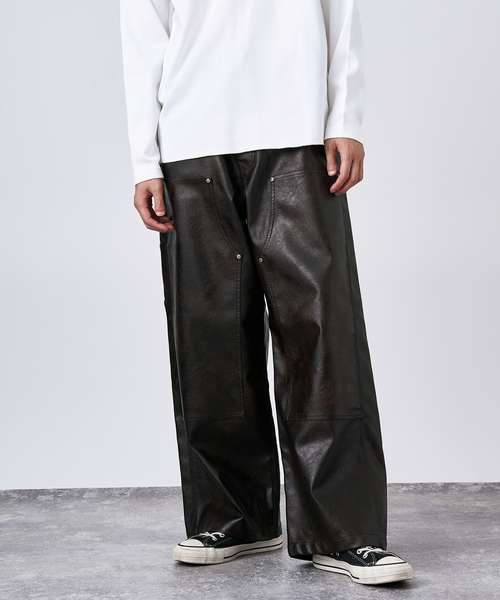 セール】フェード加工 フェイクレザー ダブルニーパンツ（その他パンツ