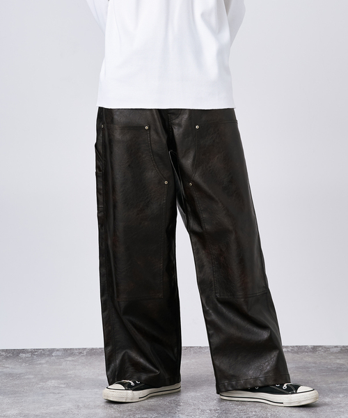 セール】フェード加工 フェイクレザー ダブルニーパンツ（その他パンツ