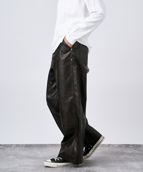 セール】フェード加工 フェイクレザー ダブルニーパンツ（その他パンツ