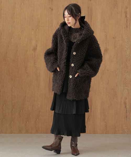 SUWDEE(スーディー)の「wool boa hooded coat(ムートンコート・レディース・チャコールグレー/ベージュ・FREE)」の3枚目の写真