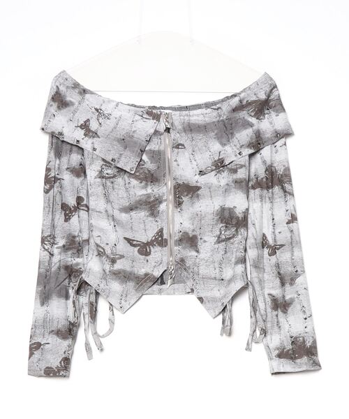 .KOM(ドットコム)の「A'GEM/9 × .kom 『.KOM/ドットケーオーエム』 Y2K Butterfly Design Zip-Up Top/Y2K バタフライデザイン ジップアップトップス(その他トップス・レディース・グレー・FREE)」の6枚目の写真