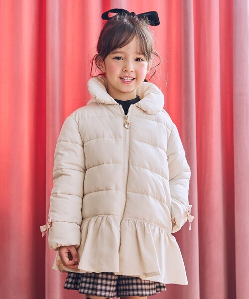 セール】【フード取り外し/洗濯機可能】中綿フリル リボンコート