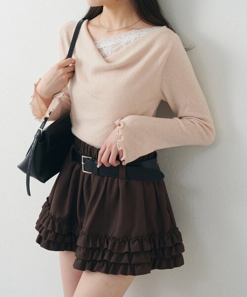 mline（エムライン）の「[mline]【新色BLK登場！】レースレイヤード オフショルニット（ニット/セーター・レディース・ネイビー/ピンク/グレー/アイボリー/ブラック・FREE）」の5枚目の写真