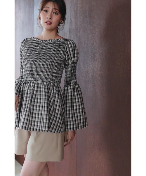 Her lip to（ハーリップトゥー）の「Checked Flared Peplum Top（シャツ/ブラウス・レディース・ベージュ/ブラウン/ブラック/ホワイト×ブラック・M/S）」の5枚目の写真