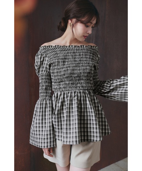 Her lip to（ハーリップトゥー）の「Checked Flared Peplum Top（シャツ/ブラウス・レディース・ベージュ/ブラウン/ブラック/ホワイト×ブラック・M/S）」の6枚目の写真