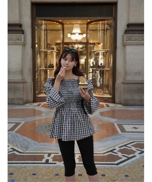 Her lip to（ハーリップトゥー）の「Checked Flared Peplum Top（シャツ/ブラウス・レディース・ベージュ/ブラウン/ブラック/ホワイト×ブラック・M/S）」の15枚目の写真