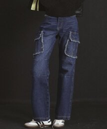 FRAYED POCKET DENIM PANTS MID BLUE