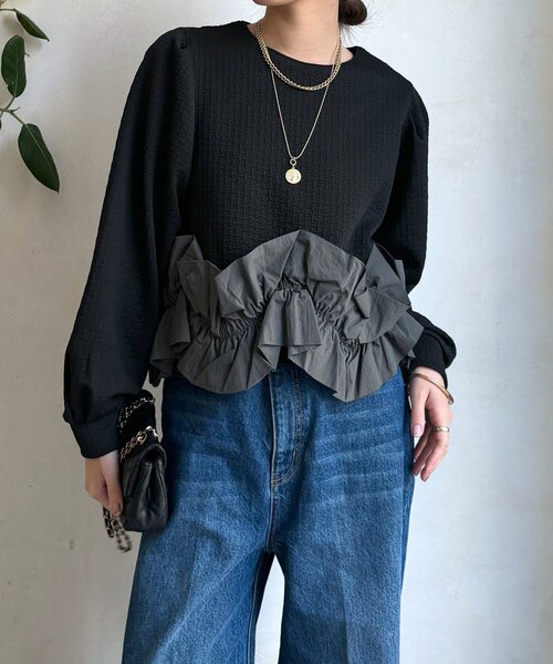 DouDou(ドゥドゥ)の「【WEB限定】フクレジャガード裾フリルトップス(Tシャツ/カットソー・レディース・オフホワイト/ブラック・FREE)」の19枚目の写真