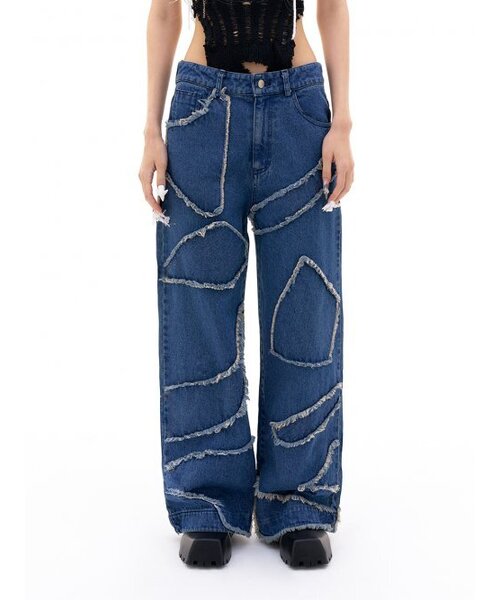 YEEL(ワイイーイーエル)の「PATCHWORK PLAYER DENIM PANTS BLUE(デニムパンツ・レディース・その他・MEDIUM/SMALL)」の1枚目の写真