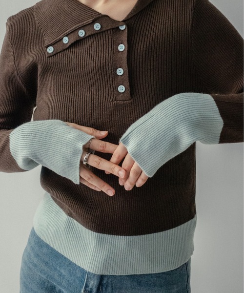 on:nue（オンニュ）の「【on:nue】[着用動画あり！] バイカラーボタンデザインサムホールニット（ニット/セーター・レディース・アイボリー/ブラック/イエロー/ブラウン・FREE）」の3枚目の写真