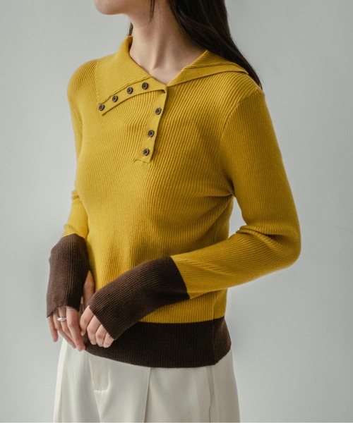on:nue（オンニュ）の「【on:nue】[着用動画あり！] バイカラーボタンデザインサムホールニット（ニット/セーター・レディース・アイボリー/ブラック/イエロー/ブラウン・FREE）」の4枚目の写真