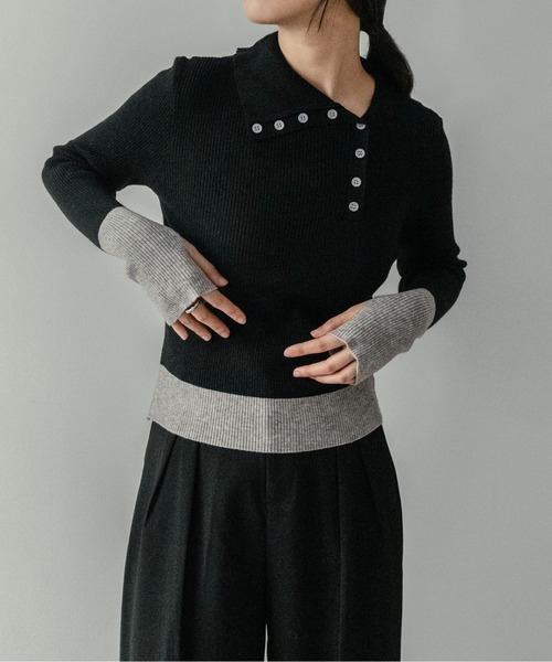 on:nue（オンニュ）の「【on:nue】[着用動画あり！] バイカラーボタンデザインサムホールニット（ニット/セーター・レディース・アイボリー/ブラック/イエロー/ブラウン・FREE）」の5枚目の写真