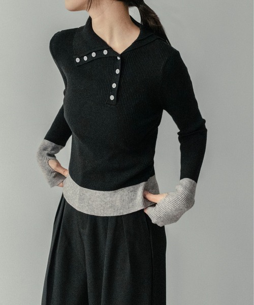 on:nue（オンニュ）の「【on:nue】[着用動画あり！] バイカラーボタンデザインサムホールニット（ニット/セーター・レディース・アイボリー/ブラック/イエロー/ブラウン・FREE）」の6枚目の写真