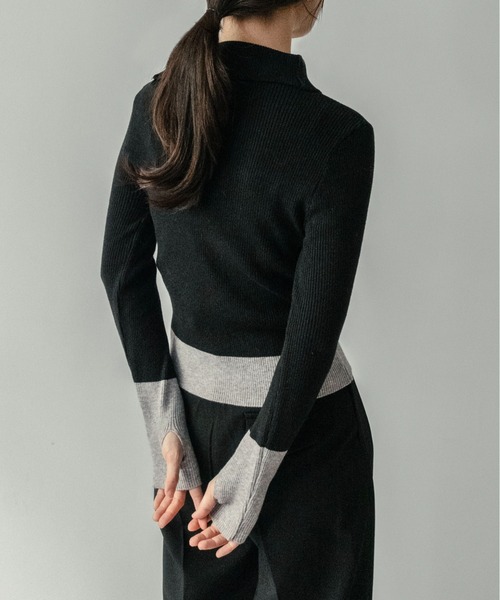 on:nue（オンニュ）の「【on:nue】[着用動画あり！] バイカラーボタンデザインサムホールニット（ニット/セーター・レディース・アイボリー/ブラック/イエロー/ブラウン・FREE）」の7枚目の写真