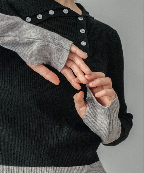 on:nue（オンニュ）の「【on:nue】[着用動画あり！] バイカラーボタンデザインサムホールニット（ニット/セーター・レディース・アイボリー/ブラック/イエロー/ブラウン・FREE）」の10枚目の写真