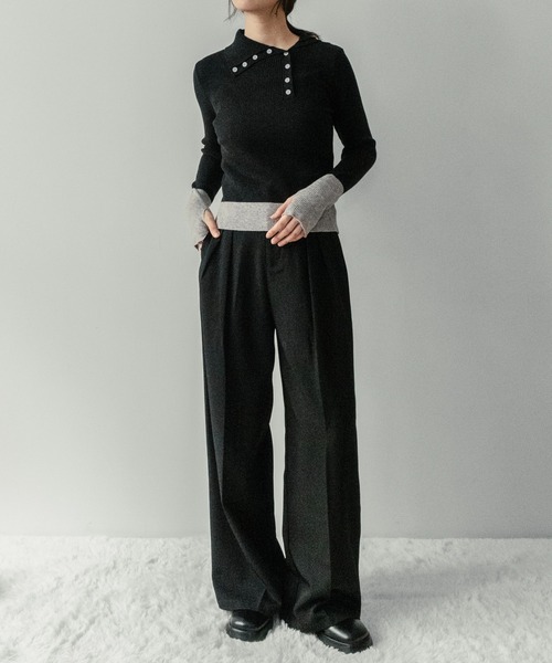 on:nue（オンニュ）の「【on:nue】[着用動画あり！] バイカラーボタンデザインサムホールニット（ニット/セーター・レディース・アイボリー/ブラック/イエロー/ブラウン・FREE）」の11枚目の写真