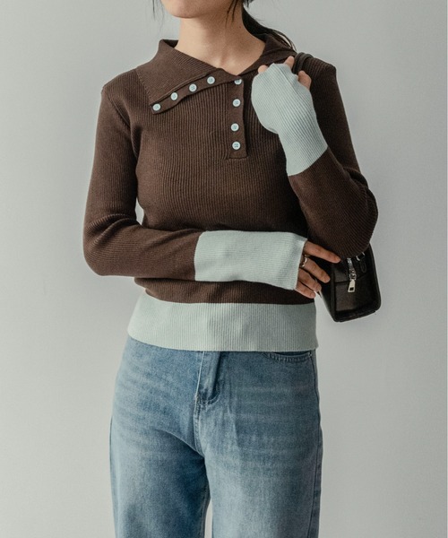 on:nue（オンニュ）の「【on:nue】[着用動画あり！] バイカラーボタンデザインサムホールニット（ニット/セーター・レディース・アイボリー/ブラック/イエロー/ブラウン・FREE）」の14枚目の写真