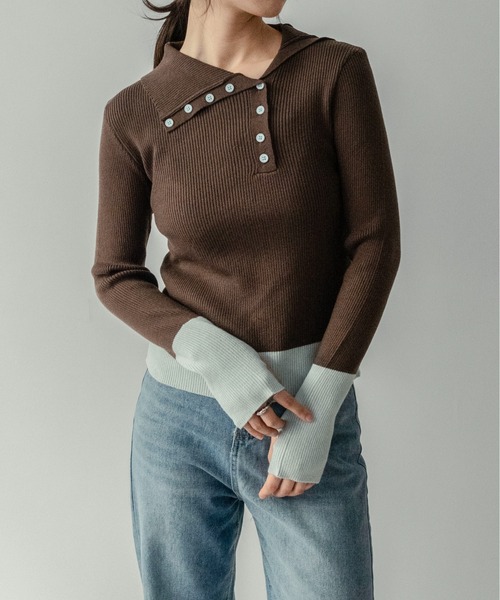 on:nue（オンニュ）の「【on:nue】[着用動画あり！] バイカラーボタンデザインサムホールニット（ニット/セーター・レディース・アイボリー/ブラック/イエロー/ブラウン・FREE）」の15枚目の写真