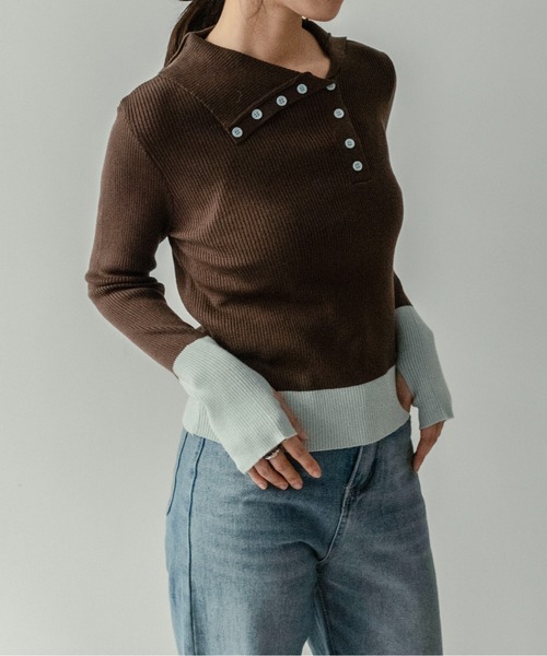 on:nue（オンニュ）の「【on:nue】[着用動画あり！] バイカラーボタンデザインサムホールニット（ニット/セーター・レディース・アイボリー/ブラック/イエロー/ブラウン・FREE）」の16枚目の写真