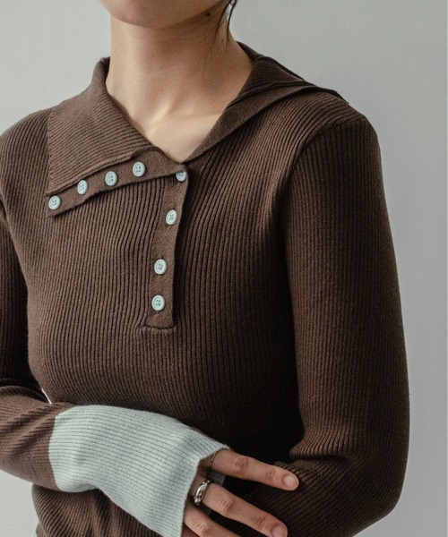 on:nue（オンニュ）の「【on:nue】[着用動画あり！] バイカラーボタンデザインサムホールニット（ニット/セーター・レディース・アイボリー/ブラック/イエロー/ブラウン・FREE）」の18枚目の写真