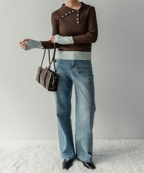 on:nue（オンニュ）の「【on:nue】[着用動画あり！] バイカラーボタンデザインサムホールニット（ニット/セーター・レディース・アイボリー/ブラック/イエロー/ブラウン・FREE）」の21枚目の写真