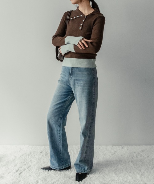 on:nue（オンニュ）の「【on:nue】[着用動画あり！] バイカラーボタンデザインサムホールニット（ニット/セーター・レディース・アイボリー/ブラック/イエロー/ブラウン・FREE）」の22枚目の写真