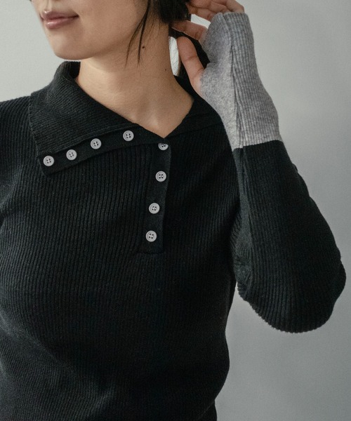 on:nue（オンニュ）の「【on:nue】[着用動画あり！] バイカラーボタンデザインサムホールニット（ニット/セーター・レディース・アイボリー/ブラック/イエロー/ブラウン・FREE）」の8枚目の写真