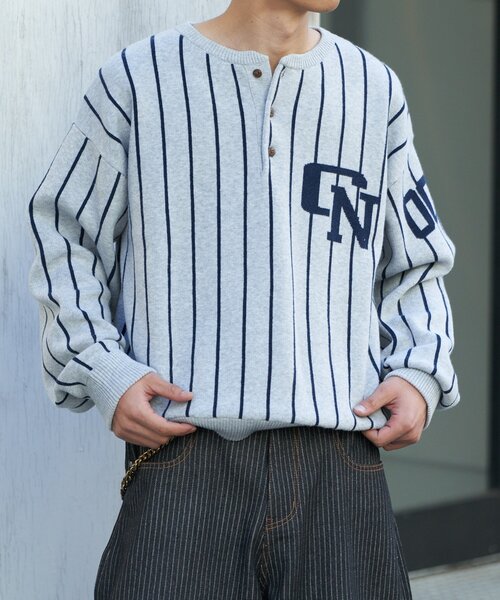 CIAOPANIC（チャオパニック）の「ストライプベースボールスウェットライクニット（ニット/セーター・レディース・グレー/ネイビー・MEDIUM/LARGE）」の4枚目の写真