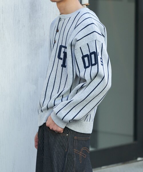 CIAOPANIC（チャオパニック）の「ストライプベースボールスウェットライクニット（ニット/セーター・レディース・グレー/ネイビー・MEDIUM/LARGE）」の6枚目の写真