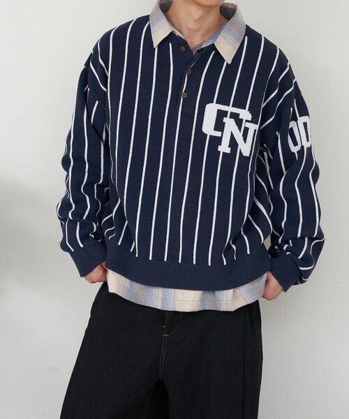 CIAOPANIC（チャオパニック）の「ストライプベースボールスウェットライクニット（ニット/セーター・レディース・グレー/ネイビー・MEDIUM/LARGE）」の12枚目の写真