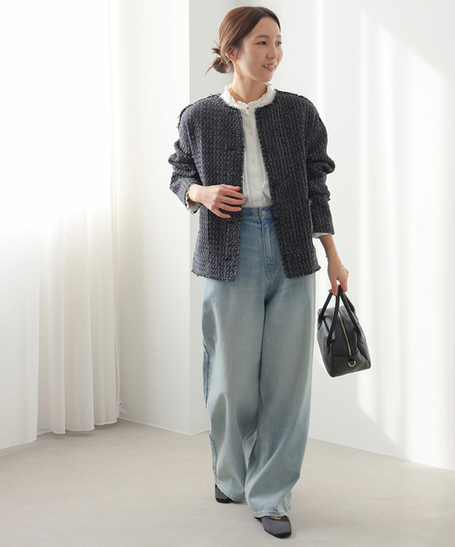 JOURNAL STANDARD relume（ジャーナルスタンダード　レリューム）の「［26SS新作］ノーカラーツイードブルゾン（ノーカラージャケット・レディース・ベージュ/ブラック・FREE）」の4枚目の写真