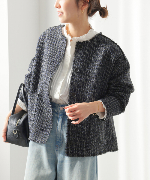 JOURNAL STANDARD relume（ジャーナルスタンダード　レリューム）の「［26SS新作］ノーカラーツイードブルゾン（ノーカラージャケット・レディース・ベージュ/ブラック・FREE）」の8枚目の写真