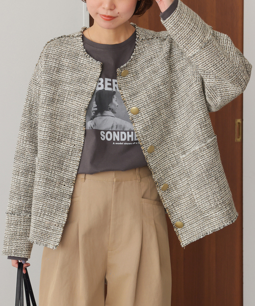 JOURNAL STANDARD relume（ジャーナルスタンダード　レリューム）の「［26SS新作］ノーカラーツイードブルゾン（ノーカラージャケット・レディース・ベージュ/ブラック・FREE）」の18枚目の写真