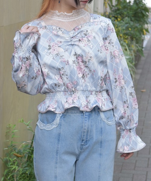 axes femme(アクシーズファム)の「チェック×フラワー柄ブラウス(シャツ/ブラウス・レディース・ミント/グレー/ピンク・FREE)」の9枚目の写真