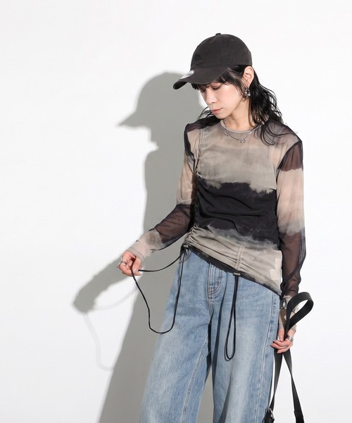 antiqua(アンティカ)の「ニュアンス柄 ドロスト メッシュ シアートップス(Tシャツ/カットソー・レディース・ブルー系その他/ベージュ系その他・ONESIZE)」の14枚目の写真