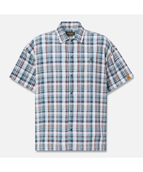 Timberland(ティンバーランド)の「リネン ブレンド ヤーン ダイ プレイド 半袖 シャツ ユニセックス(シャツ/ブラウス・メンズ・ネイビー・MEDIUM/XX-LARGE/X-LARGE/SMALL/LARGE)」の5枚目の写真