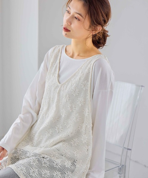 studio CLIP(スタディオクリップ)の「メッシュジャガードチュニックベスト(ベスト・レディース・カーキ/オフホワイト・FREE)」の2枚目の写真